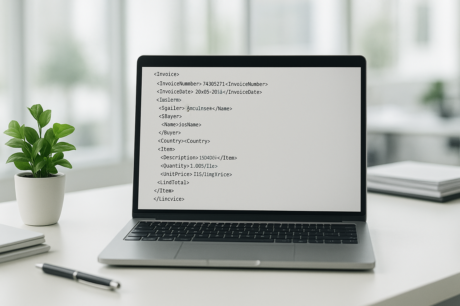 Modernes Büro mit Laptop auf aufgeräumtem Schreibtisch, strukturierte XML-Rechnungsdaten auf dem Bildschirm, helles Tageslicht durch große Fenster, grüne Topfpflanze, professionelle Arbeitsatmosphäre