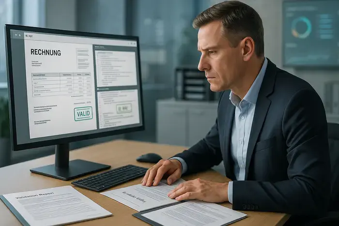 CFO überprüft validierte XRechnung mit strukturierten Daten und Compliance-Unterlagen auf zwei Monitoren.