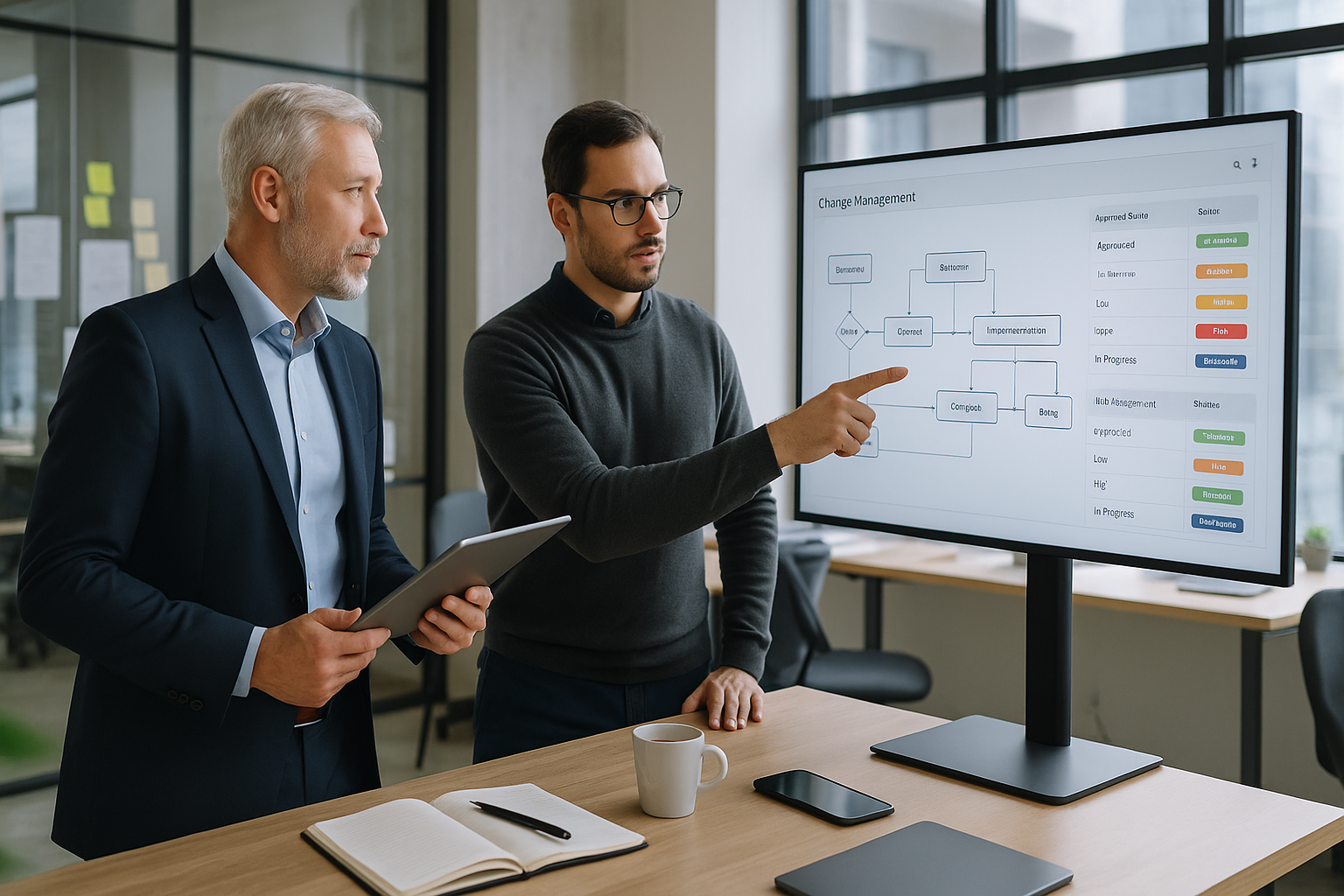 Moderne Büroumgebung mit CFO und IT-Leiter im Gespräch vor großem Monitor, auf dem Prozessdiagramme und Freigabe-Workflows zu sehen sind, im Hintergrund Glaswände mit Post-its und Whiteboards, natürliches Tageslicht durch Fensterfront, professionelle Atmosphäre mit Tiefe durch Vorder- und Hintergrundebenen