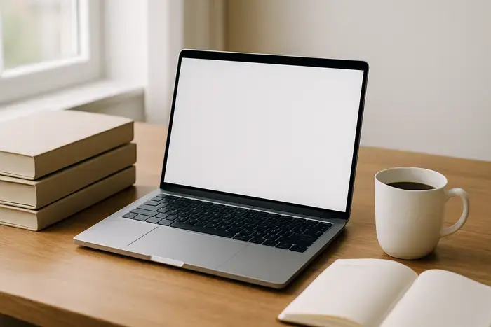 Moderner Arbeitsplatz mit Laptop und Ordner für digitale Rechnungsverwaltung
