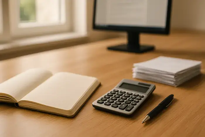 Schreibtisch mit Belegen, Taschenrechner und Notizbuch zur Vorbereitung der Einnahmenüberschussrechnung