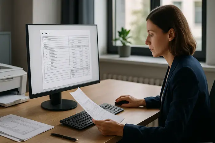 Finanzverantwortliche überprüft XML-Rechnungsdaten am Monitor. Professioneller Arbeitsplatz mit strukturiertem Rechnungsformular, modernen Bürogeräten und Drucker zeigt Digitalisierungsübergang.