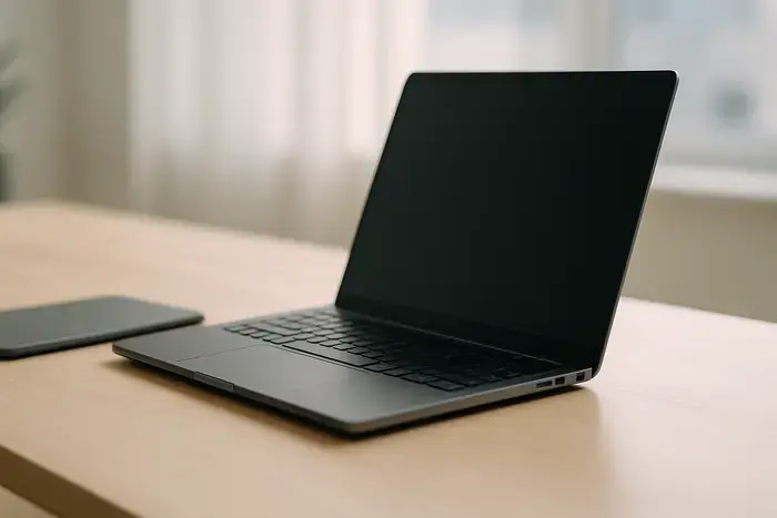 Moderner Arbeitsplatz mit Laptop und Tablet auf hellem Schreibtisch, symbolisiert digitale Rechnungsverarbeitung und Finanzprozesse