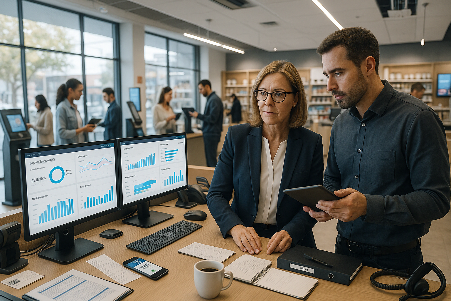 Zwei Mitarbeitende analysieren an einem Arbeitsplatz KPI-Dashboards auf zwei Monitoren und prüfen Daten auf einem Tablet, während im Hintergrund ein Team im Büro arbeitet.