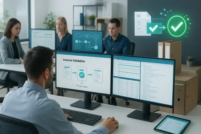 Modernes Büro mit mehreren Mitarbeitern an Computern, die E-Rechnungssysteme und Workflows zur automatisierten Rechnungsverarbeitung überwachen und konfigurieren.