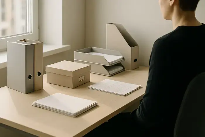 Moderner Büroarbeitsplatz mit organisierten Ordnern und Archivboxen, Tageslicht durch Fenster, Person in Rückenansicht, neutrale Farbpalette mit Grau und Beige.