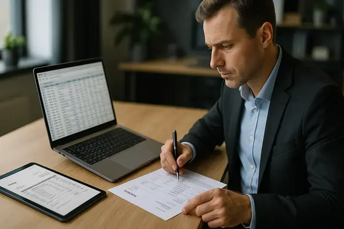 Arbeitsplatz mit Excel-Rechnungsdaten, Validierungsprüfung und Geschäftsperson, die Rechnungsdaten mit Prüfprotokoll überprüft.