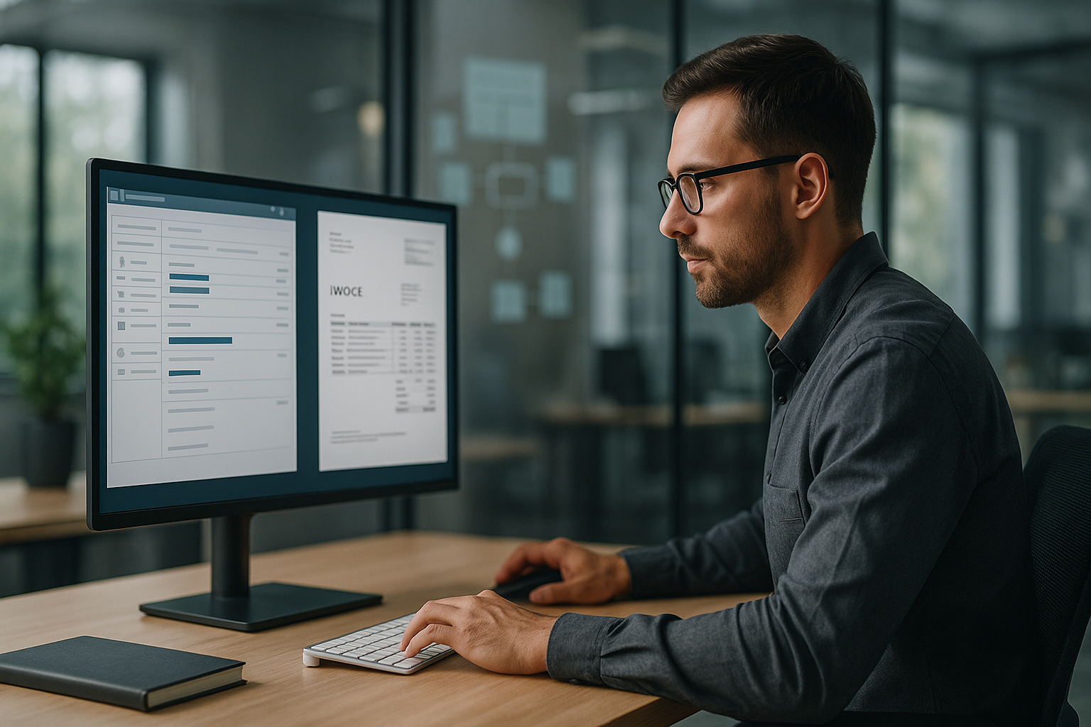 Moderne Büroumgebung mit Person am Arbeitsplatz, die digitale Rechnungsdokumente auf einem Bildschirm prüft, strukturierte Datendarstellung, professionelle Atmosphäre mit natürlichem Licht