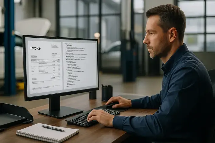 Moderne Kfz-Werkstatt mit Büromitarbeiter am Computer, digitale Rechnungsverwaltung und strukturierte elektronische Dokumentenverarbeitung mit XML-Datenvisualisierung.