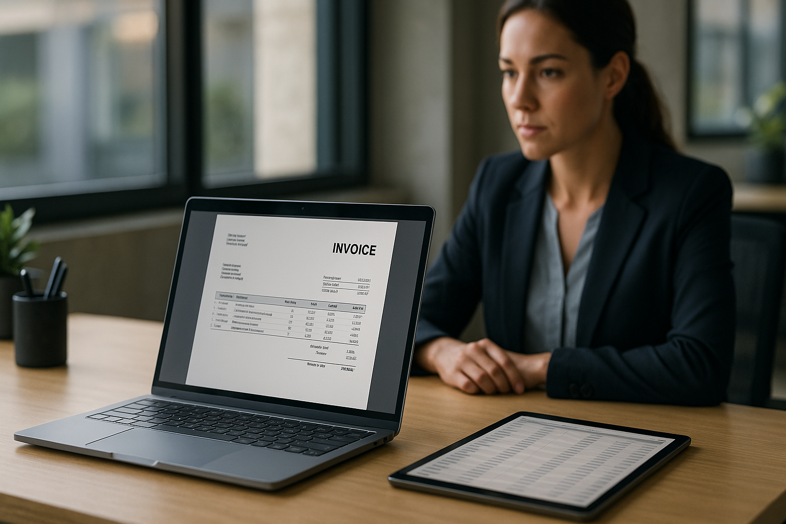 Professionelle Büroumgebung mit modernem Schreibtisch, auf dem ein Laptop mit digitaler ZUGFeRD-Rechnung im PDF-Format zu sehen ist, daneben ein Tablet mit strukturierten XML-Daten in tabellarischer Form, im Hintergrund eine Person in Business-Kleidung, die konzentriert auf den Bildschirm schaut, natürliches warmes Licht, moderne Atmosphäre
