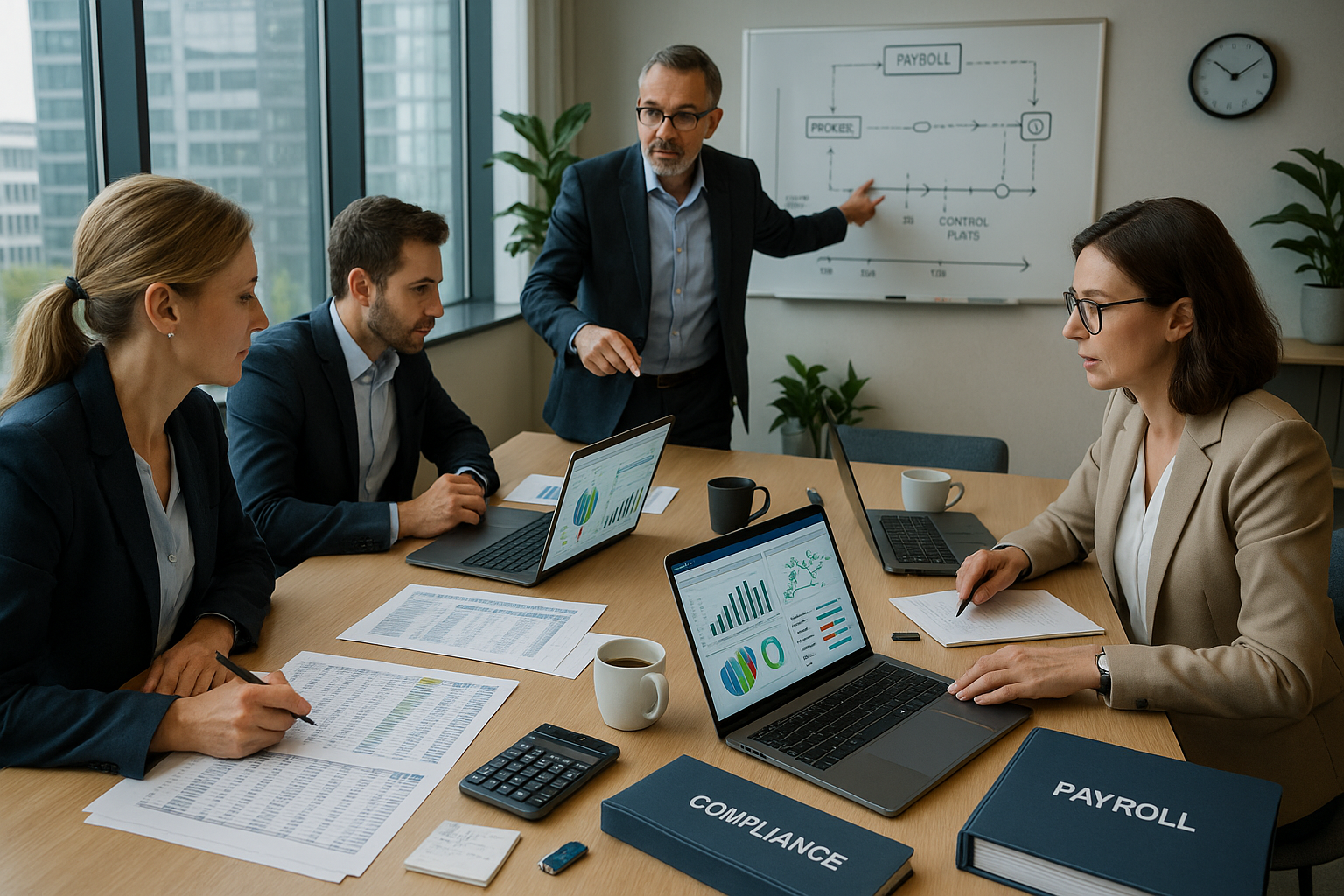 Team im Besprechungsraum diskutiert Payroll- und Compliance-Prozesse, während ein Kollege am Whiteboard den Ablauf erklärt und auf Diagramme zeigt.