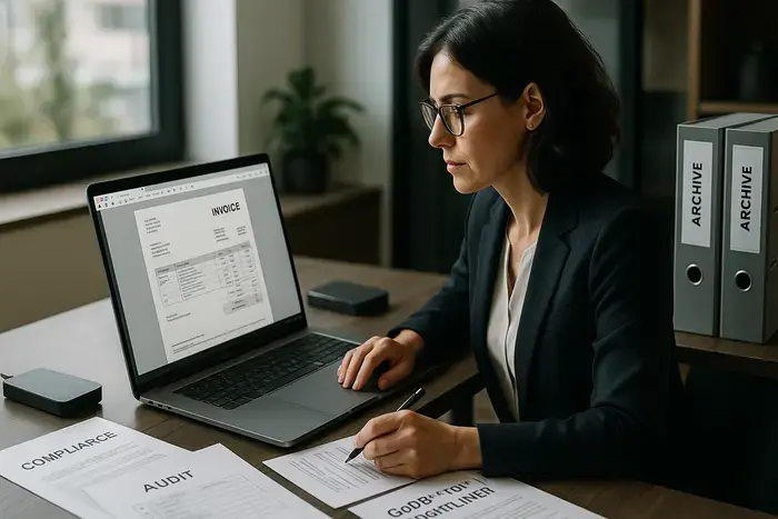Professioneller macOS-Arbeitsplatz mit strukturierter elektronischer Rechnung im ZUGFeRD-Format, digitale Finanzprozesse und Rechnungsverwaltung mit modernem Office-Setup