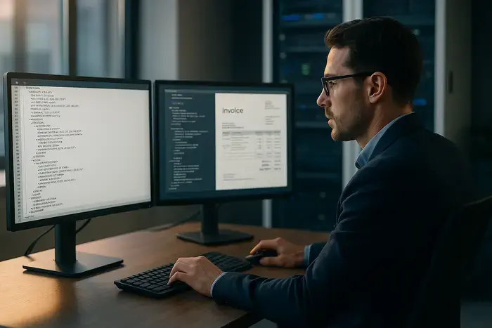 Finanzarbeitsplatz mit Sachbearbeiter an mehreren Monitoren, die strukturierte XML-Rechnungsdaten und visuelles Rechnungsdokument nebeneinander zeigen, Serverschränke im Hintergrund symbolisieren sichere digitale Datenverarbeitung.