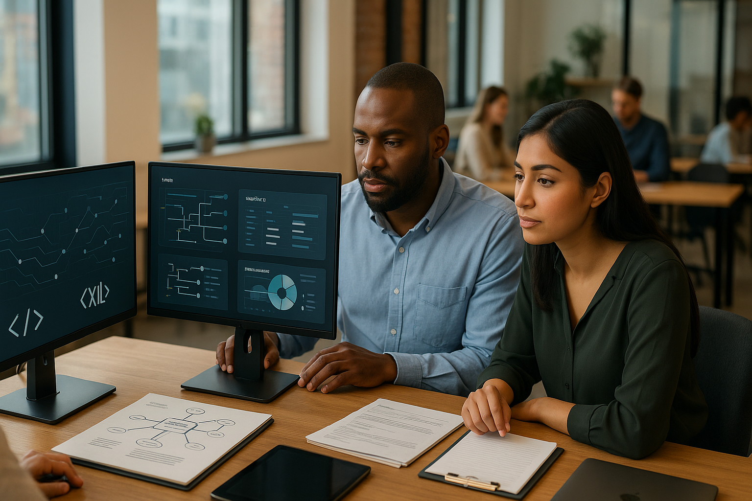 Modernes Büro mit Finanzteam vor Bildschirmen, das strukturierte Rechnungsdaten in einem zentralen E-Invoicing-System verarbeitet, professionelle Atmosphäre mit Tageslicht und klarer Komposition