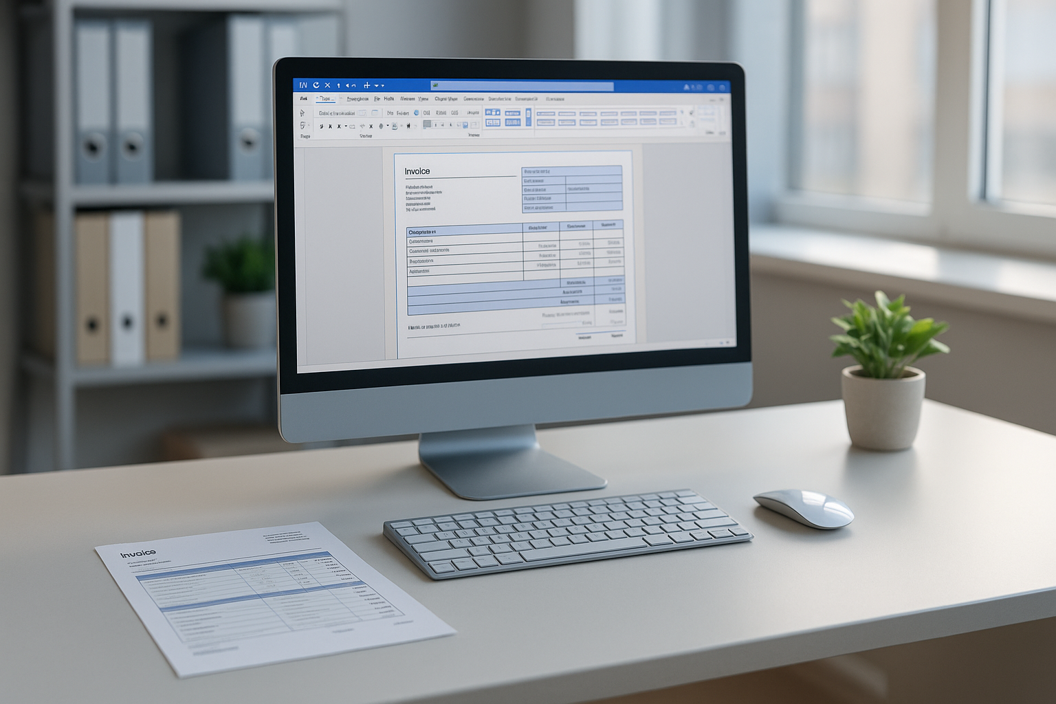 Professioneller Arbeitsplatz mit Laptop, auf dem ein strukturiertes Word-Rechnungsformular geöffnet ist, daneben liegen Dokumente und ein Smartphone, im Hintergrund moderne Büroumgebung mit Tageslicht
