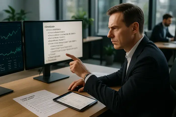 CFO prüft strukturiertes E-Rechnungsdokument auf Monitor mit Compliance-Checkliste im modernen Finanzabteilungs-Büro.
