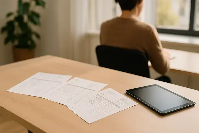 Arbeitsplatz mit Rechnungsdokumenten und Übergang von papiergestützten zu digitalen Prozessen