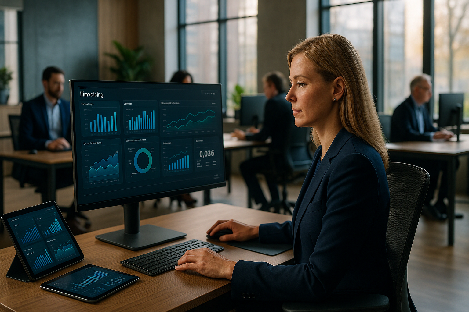Modernes finnisches Büro mit Finance-Fachleuten an digitalen Arbeitsplätzen, großen Monitoren mit E-Invoicing-Dashboards und Finanzdaten, natürliches Licht durch nordische Fenster