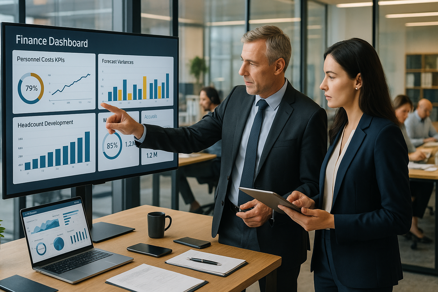Modernes Finanzabteilungs-Büro mit CFO und HR-Leiterin vor großem Dashboard mit Personalkosten-KPIs, Forecast-Abweichungen und Monatsabschluss-Status, weitere Mitarbeitende an Laptops, helles Tageslicht, professionelle Atmosphäre