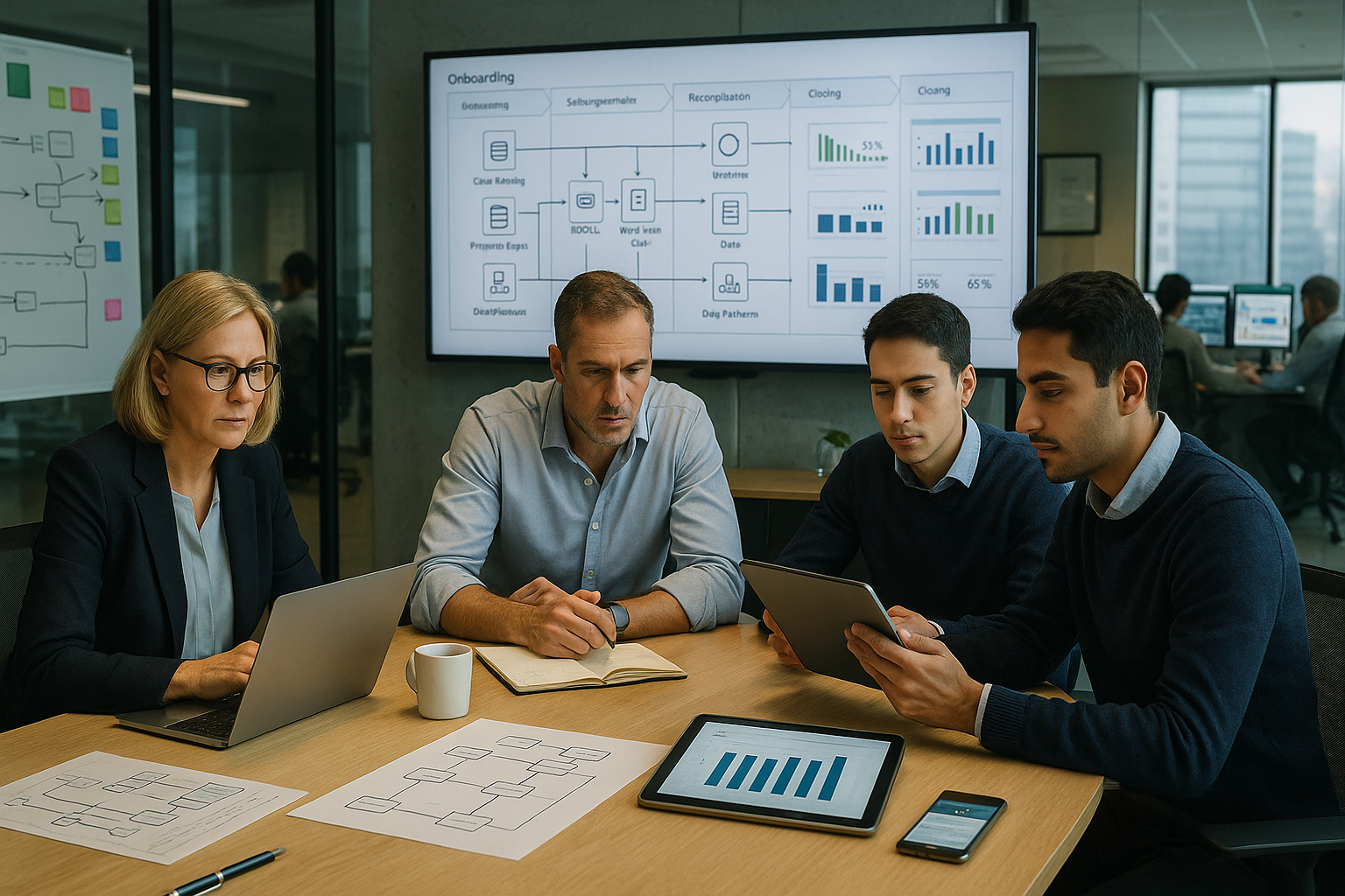 Vier Personen arbeiten im Besprechungsraum an Laptops und Tablets, im Hintergrund ein Onboarding-Prozess mit Diagrammen und Kennzahlen auf einem großen Bildschirm.