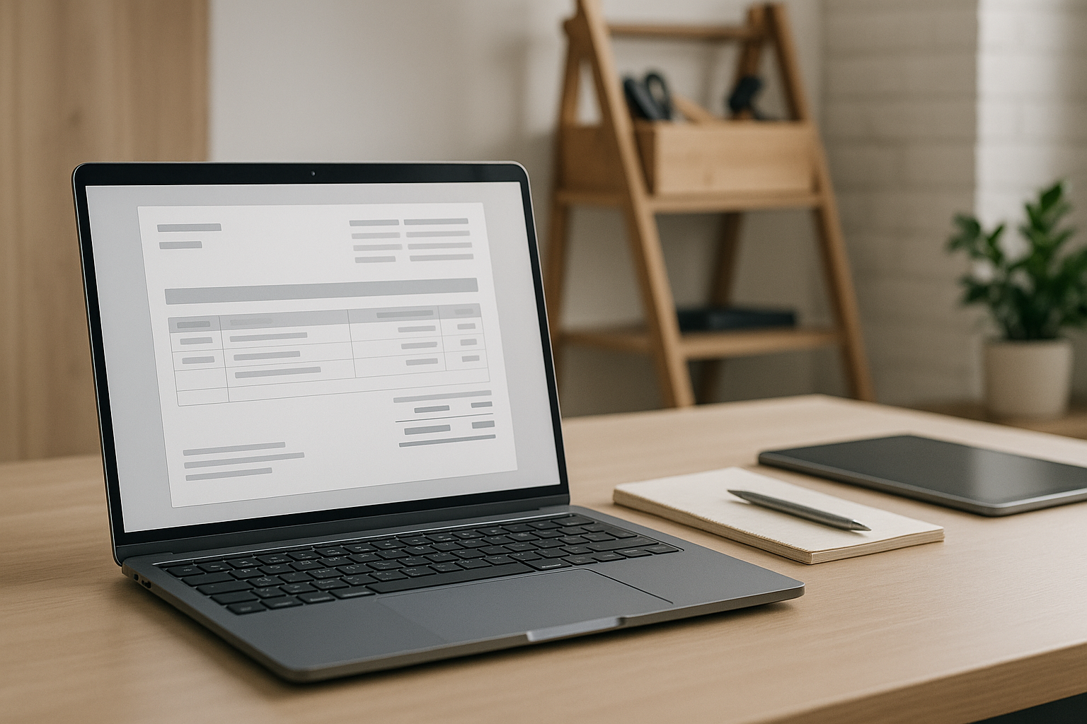 Modernes Handwerksbüro mit Laptop auf aufgeräumtem Schreibtisch und strukturierter digitaler Rechnungsverarbeitung im Bildschirm in heller professioneller Arbeitsatmosphäre