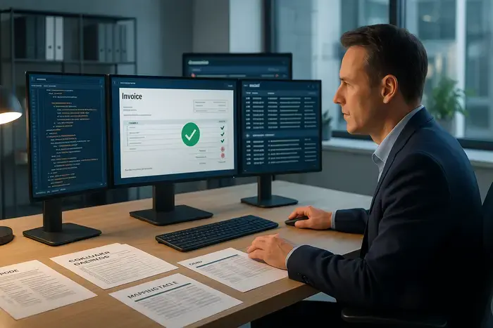 CFO validiert XRechnung-Dashboard mit grünen Häkchen, Fehler-Queue und Audit-Trail auf mehreren Monitoren