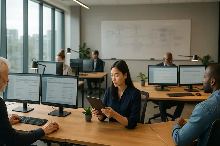 Modernes, helles Büro mit mehreren Mitarbeitern an Computern, die E-Rechnungsdaten prüfen und in Verwaltungssystemen erfassen, ohne Papiereinsatz, helle Beleuchtung