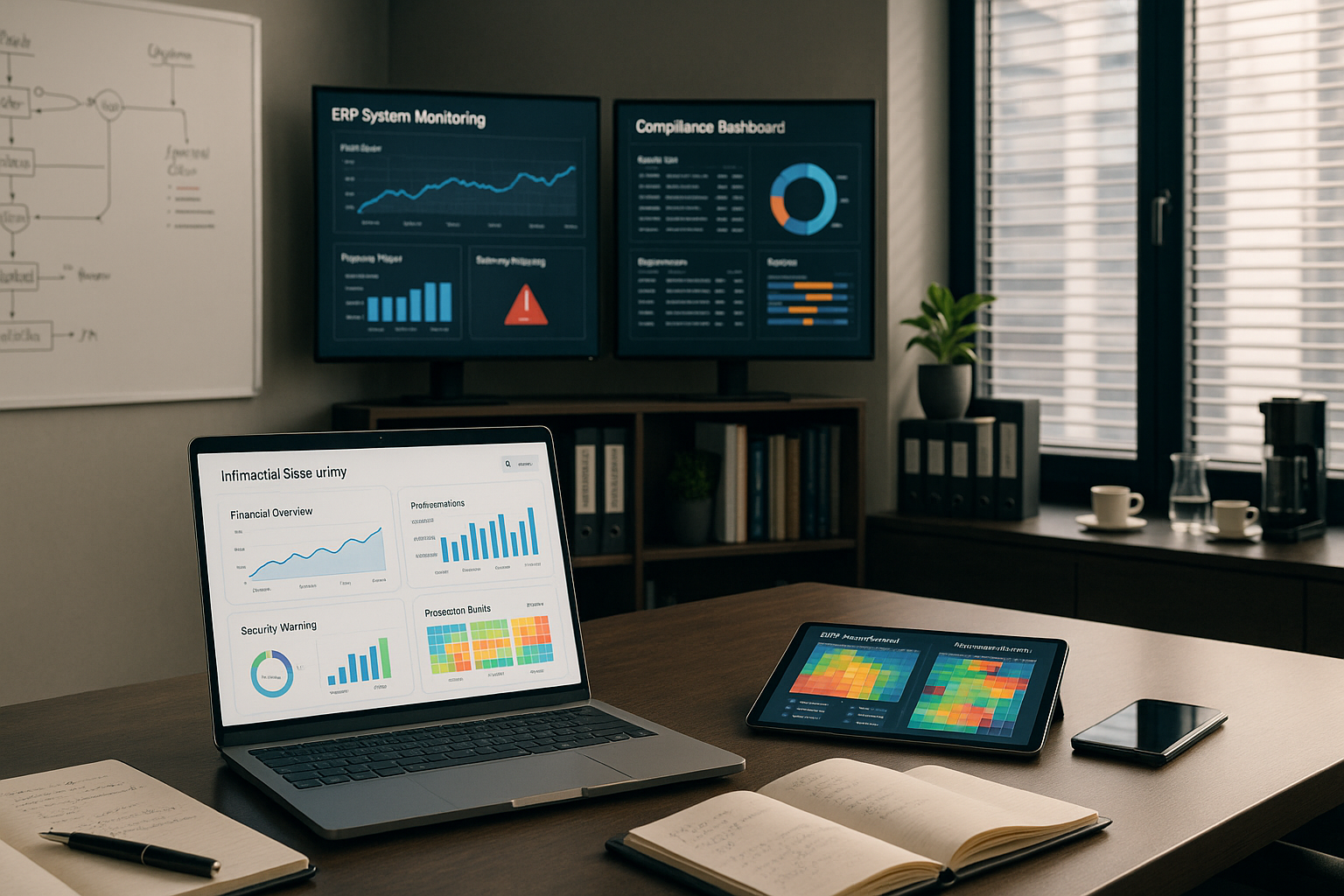 Moderne Büroumgebung mit Laptop auf Schreibtisch, Dashboard mit Finanzkennzahlen und Sicherheitswarnungen auf Bildschirm, Tablet mit Risikobewertungs-Diagrammen, Großbildschirme im Hintergrund mit Live-Überwachung von Zahlungsströmen und Audit-Trails, natürliches Tageslicht durch große Fenster, Pflanzen auf Fensterbank, ergonomische Bürostühle, modernes Regalsystem mit Compliance-Ordnern, Whiteboard mit Prozessdiagrammen und Rollen-Konzepten