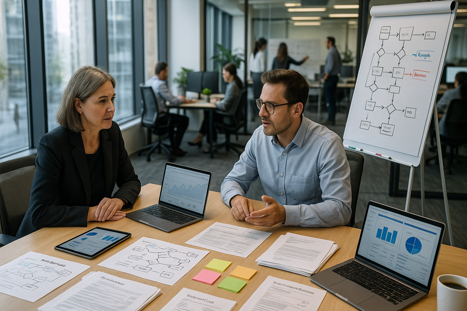 Zwei Personen besprechen im Büro Prozess- und Finanzunterlagen am Tisch, daneben Laptops mit Diagrammen und ein Whiteboard mit Prozessflussdiagramm.