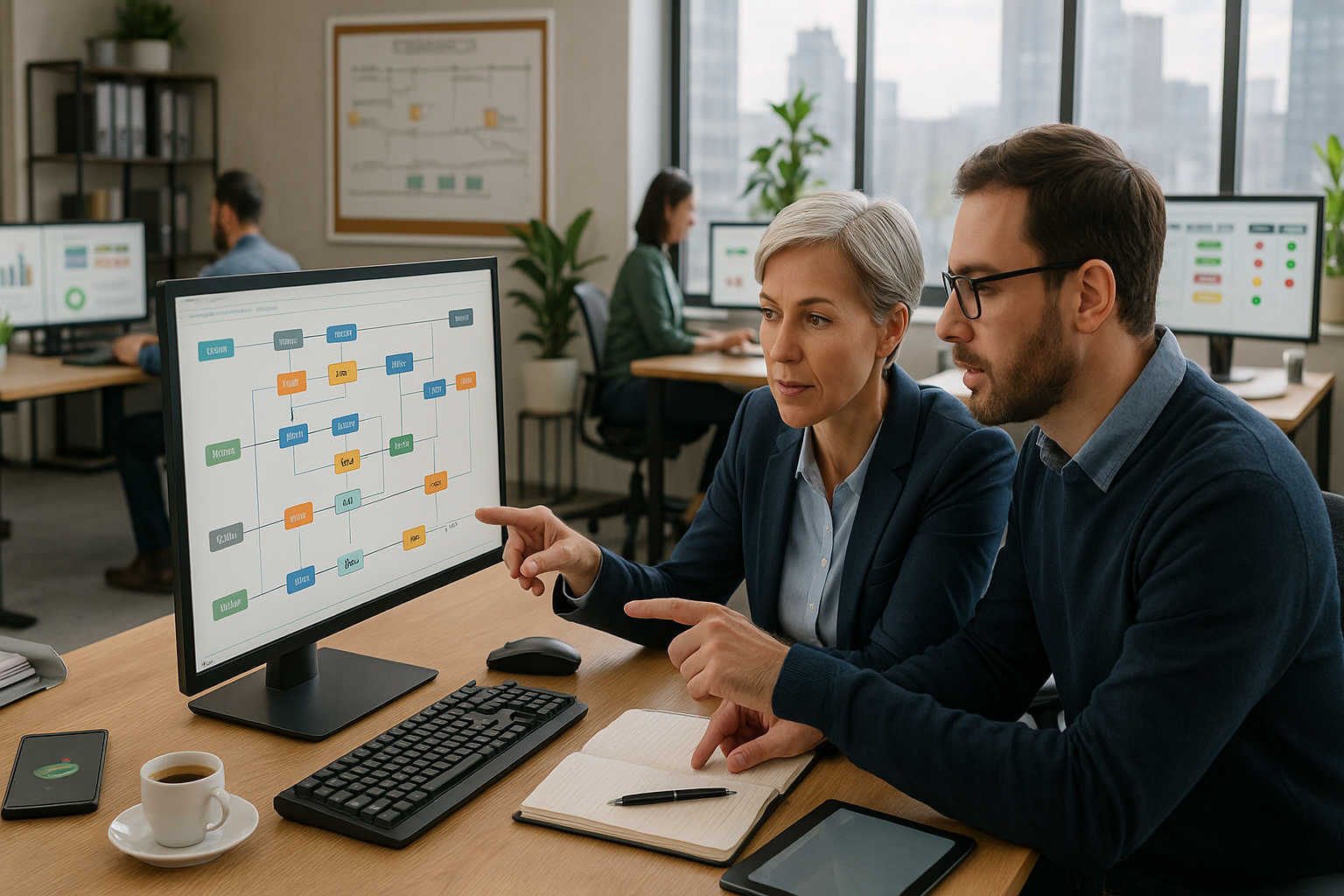 Modernes Finanz-Büro mit CFO und IT-Leiter im Gespräch vor großem Monitor mit Prozess-Flowchart, ergonomische Arbeitsplätze mit ERP-Dashboards, Kanban-Boards an digitalen Whiteboards