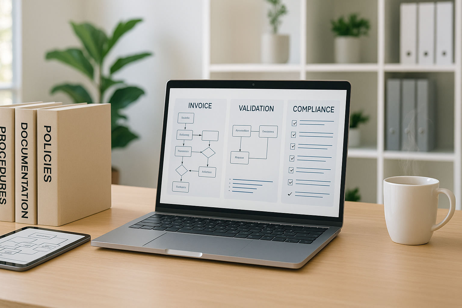 Modernes Büro mit großem Monitor, auf dem eine strukturierte digitale Verfahrensdokumentation mit Prozessdiagrammen, Prüfschritten und Archivierungslogik zu E-Rechnungen dargestellt ist, professionelle Atmosphäre