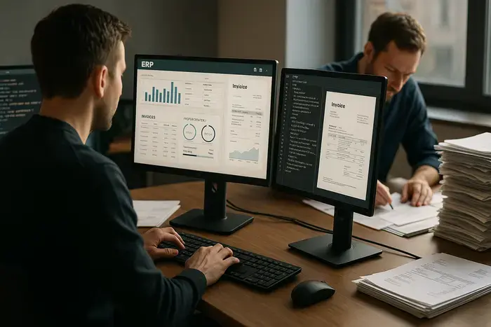 Moderner Büroarbeitsplatz mit mehreren Monitoren, die ein ERP-Dashboard mit Rechnungsverwaltung, elektronischen Dokumenten und XML-Strukturen anzeigen. Im Hintergrund noch Papierbelege, die von digitalen Prozessen ersetzt werden. Zwei Mitarbeiter arbeiten konzentriert an der Rechnungsverarbeitung.