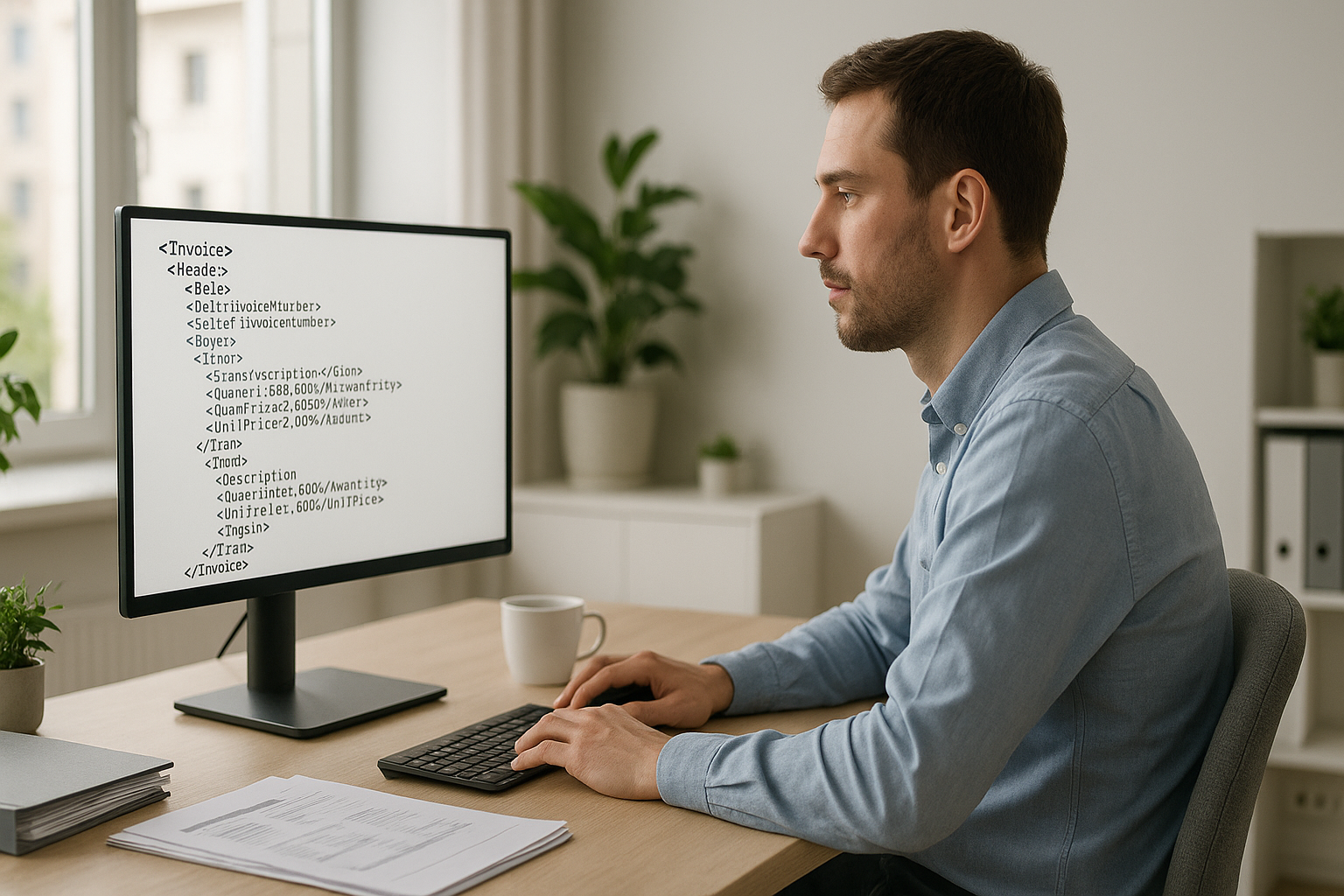 Moderne Büroumgebung mit Kleinunternehmer am Laptop, der elektronische Rechnung im ZUGFeRD-Format prüft, daneben Tablet mit strukturierten Rechnungsdaten und Workflow-Visualisierung