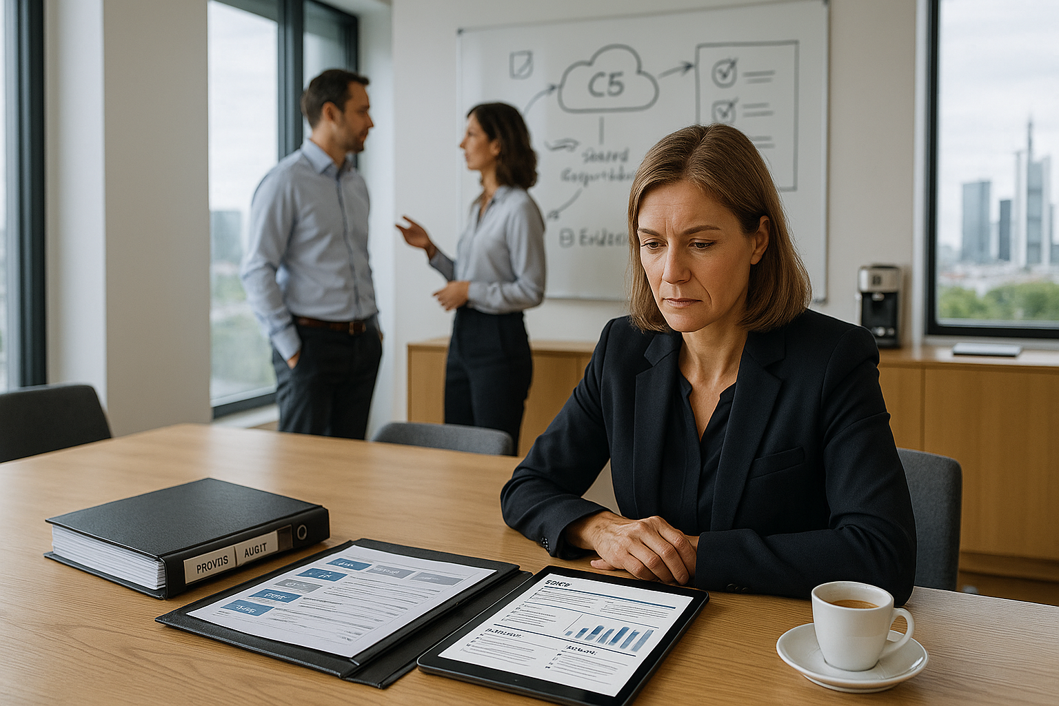 Führungskraft sitzt im Besprechungsraum vor Audit- und Compliance-Unterlagen sowie einem Tablet mit Bericht, im Hintergrund sprechen zwei Kollegen vor einem Whiteboard.