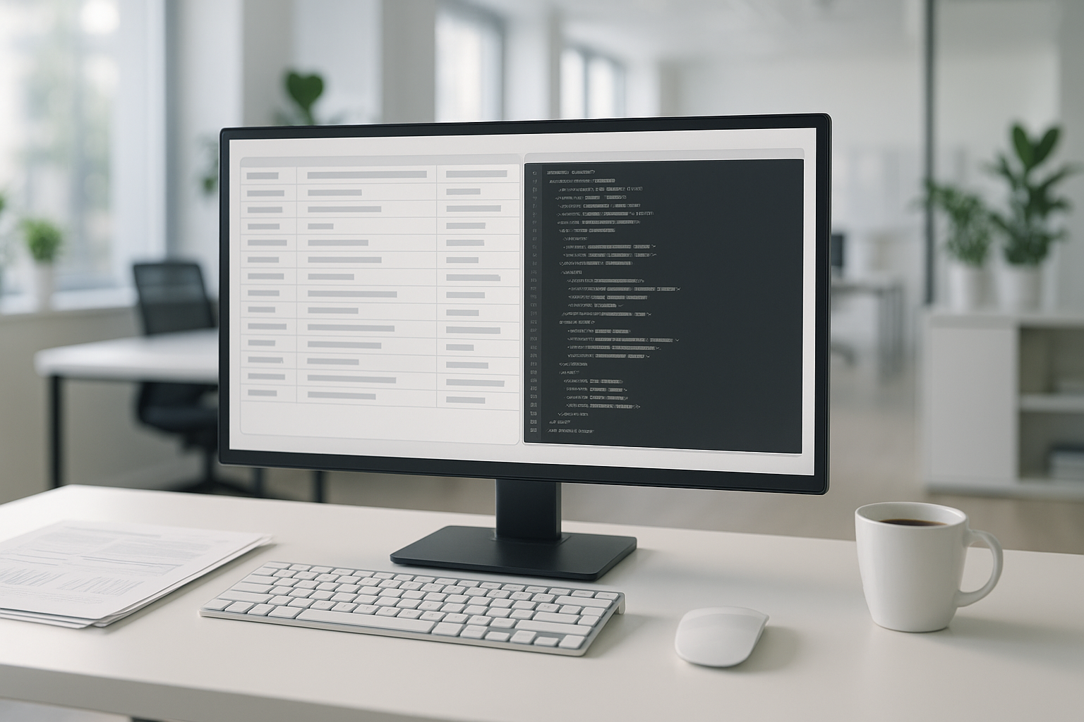 Moderner Arbeitsplatz mit Computer, auf dem strukturierte Datenfelder und XML-Code einer elektronischen Rechnung zu sehen sind, aufgeräumte Büroumgebung mit hellem Tageslicht