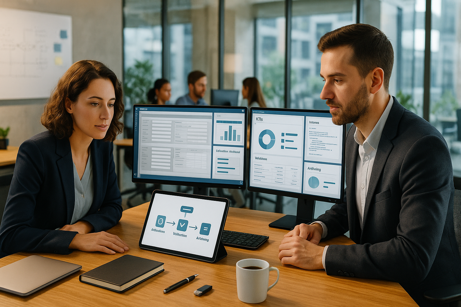 Moderne Büroumgebung mit CFO und IT-Leiter vor großen Monitoren, die strukturierte E-Rechnungsdaten und Workflow-Dashboards anzeigen, helle Atmosphäre, professionelle Geschäftskleidung, offener Workspace mit Glaswänden im Hintergrund