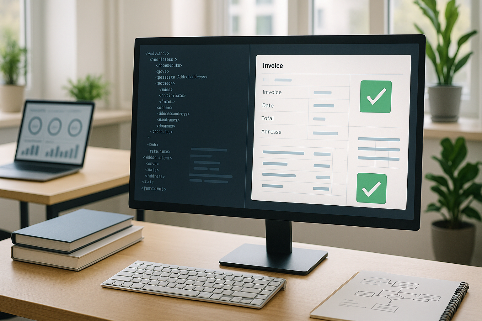 Moderner Arbeitsplatz mit Computer und strukturierten Dokumenten im Hintergrund, symbolisch für die Vorbereitung elektronischer Rechnungsprozesse und digitale Adressverwaltung im Finanzbereich