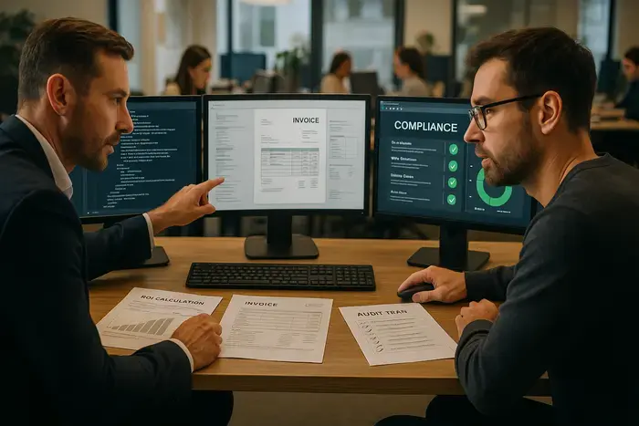 Finance-Manager und IT-Spezialist prüfen gemeinsam XML-Daten und ROI-Berechnungen auf mehreren Bildschirmen im modernen Büro