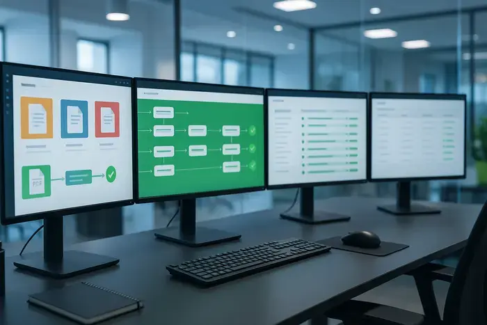 Moderner Büroarbeitsplatz mit mehreren Monitoren zeigt digitale Rechnungsverwaltung, Workflow-Automatisierung und E-Rechnung-Verwaltung für B2B-Prozesse in professionellem Umfeld.