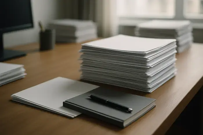 Moderner Schreibtisch mit aufgeräumten Dokumentenstapeln, Stift und Notizbuch zur Rechnungsverwaltung ohne Hände im Fokus.