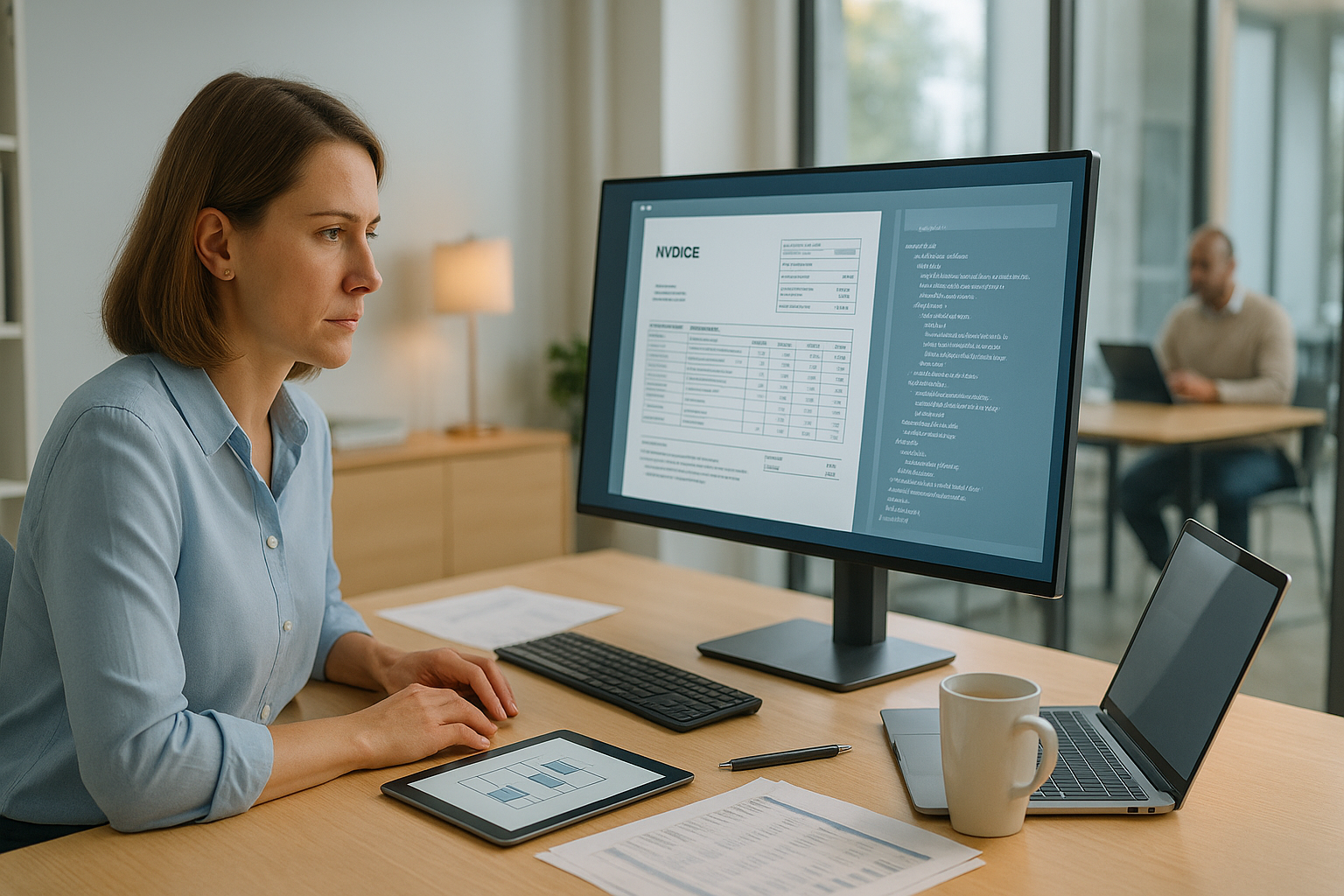 Finanzverantwortliche einer gemeinnützigen Organisation sitzt konzentriert an einem modernen Schreibtisch mit großem Monitor, auf dem strukturierte XML-Rechnungsdaten und Workflow-Diagramme sichtbar sind, aufgeklappter Laptop daneben, Tablet mit digitalen Freigabeprozessen, Ordner im Hintergrund, helles Büro mit Tageslicht durch große Fenster, professionelle und ruhige Arbeitsatmosphäre