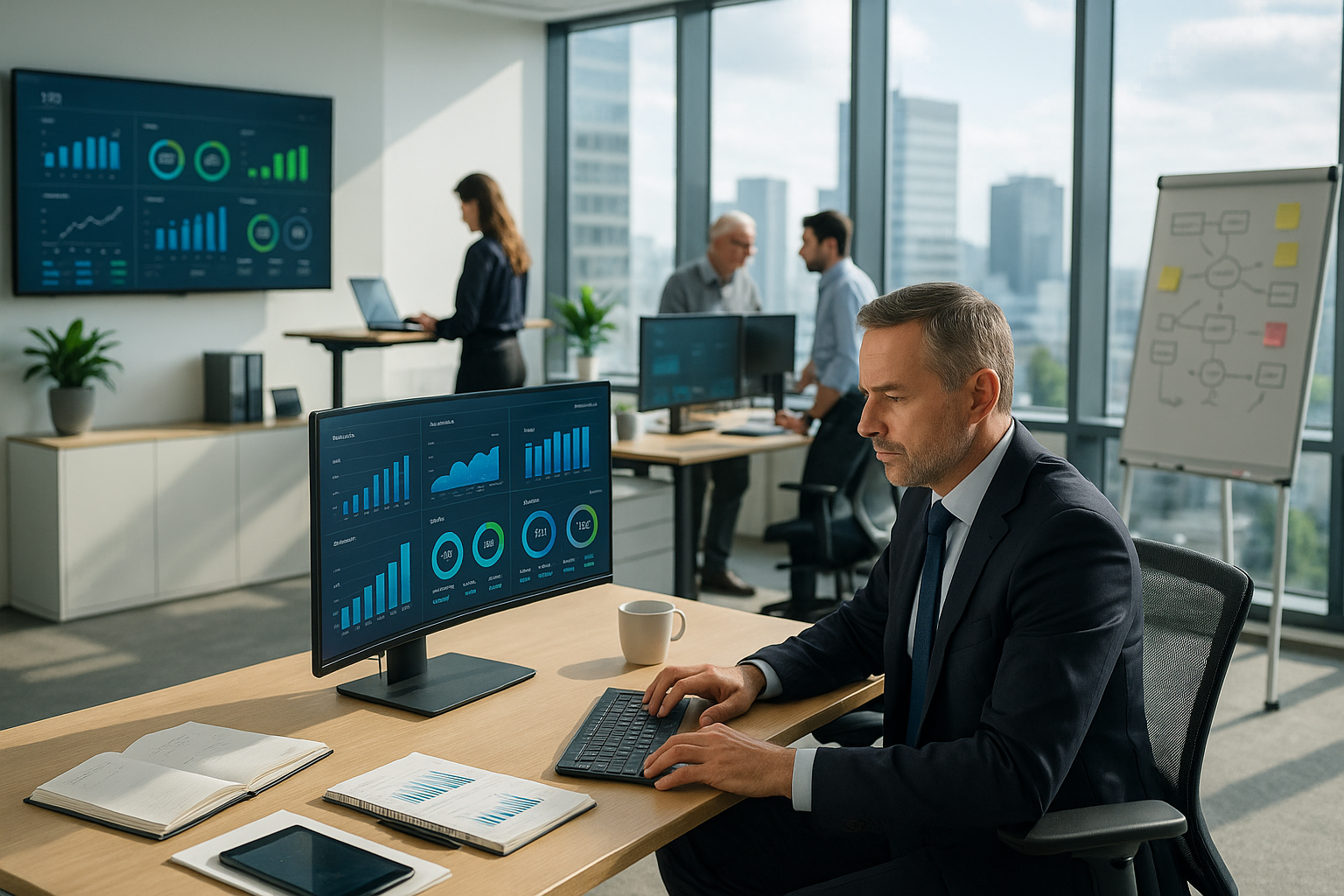Manager arbeitet im Büro an einem Monitor mit Finanz-Dashboard, während im Hintergrund Kollegen Kennzahlen und Prozessschritte im Team abstimmen.