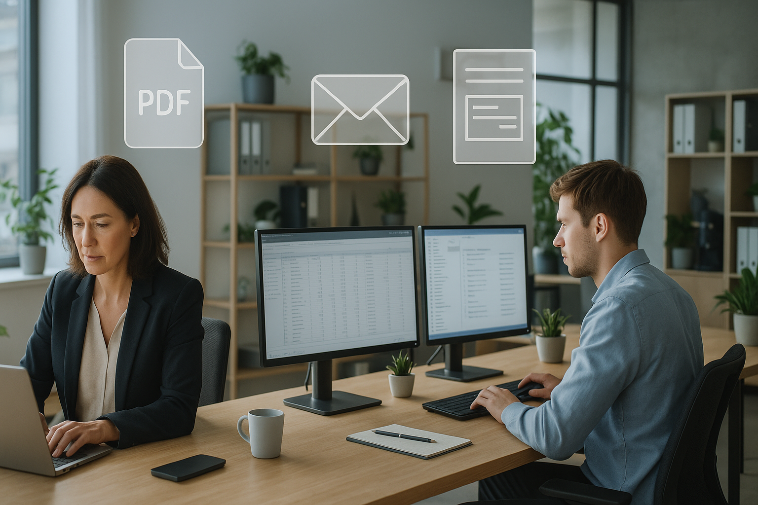 Modernes Großraumbüro mit drei Personen an Arbeitsplätzen, Frau mittleren Alters am Laptop, junger Mann vor zwei Bildschirmen mit Tabellen und Ordnerstrukturen, Person im Hintergrund am Telefon, große Fenster mit Tageslicht, Schreibtische mit Monitoren Tastaturen Kaffeetassen Notizblöcken Topfpflanzen, transparente Icons für PDFs E-Mails Rechnungen schweben symbolisch über Arbeitsplätzen, professionelle produktive Atmosphäre, helle Holzmöbel graue Töne, Regale Kaffeemaschine Grünpflanzen im Hintergrund, Komposition mit gestaffelter Tiefe Vordergrund Mittelgrund Hintergrund, fotorealistisch konzentriert effizient zukunftsorientiert