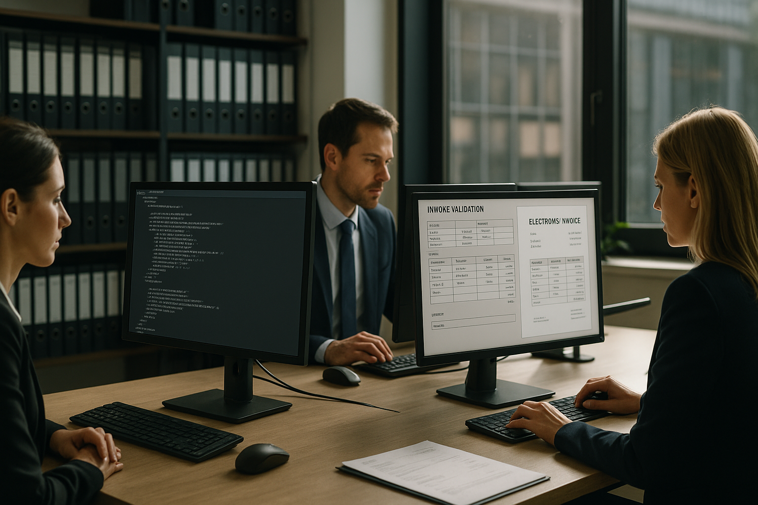 Moderne Finanzabteilung mit professionell gekleideten Personen, die an mehreren Bildschirmen strukturierte XML-Rechnungsdaten und Validierungsergebnisse prüfen, im Hintergrund digitale Archivierungssysteme sichtbar, natürliches Tageslicht durch große Fenster, hochwertige Tiefenschärfe, professionelle konzentrierte Arbeitsatmosphäre