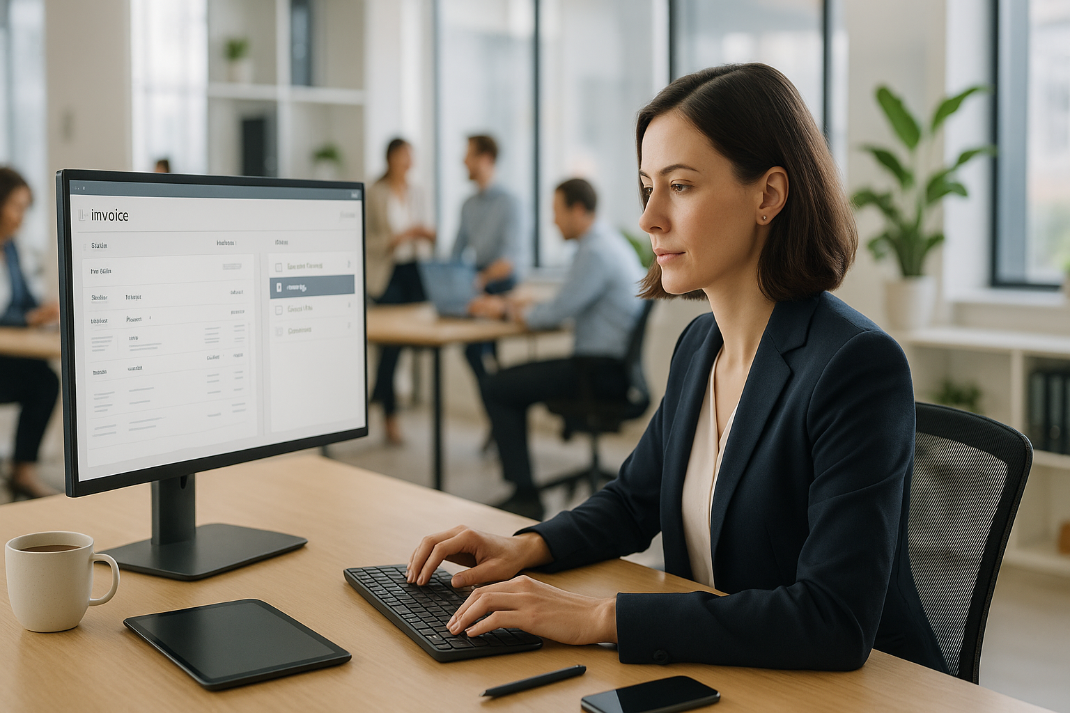 Modernes Büro mit Mitarbeitern an Laptops, digitale Rechnungen auf Bildschirmen, helle natürliche Beleuchtung durch große Fenster, strukturierte Arbeitsplätze ohne Papierstapel, professionelle Atmosphäre im Finance-Bereich, fotorealistisch im Querformat