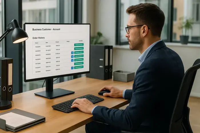 Moderner Büroarbeitsplatz mit großem Monitor, der ein Geschäftskunden-Kundenkonto mit Bestellhistorie und grünen Rechnungsdownload-Schaltflächen zeigt. Ein konzentriert arbeitender Angestellter navigiert durch die digitale Rechnungsverwaltung.