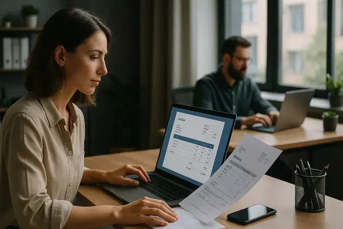 Unternehmerin arbeitet konzentriert an einem Laptop mit professioneller Rechnungsverwaltungssoftware in hellem, modernem Büro