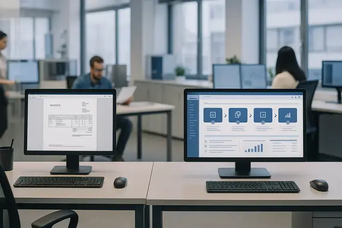 Vergleich spezialisierter Einzellösung und umfassender XRechnung-Plattform in moderner Büroumgebung