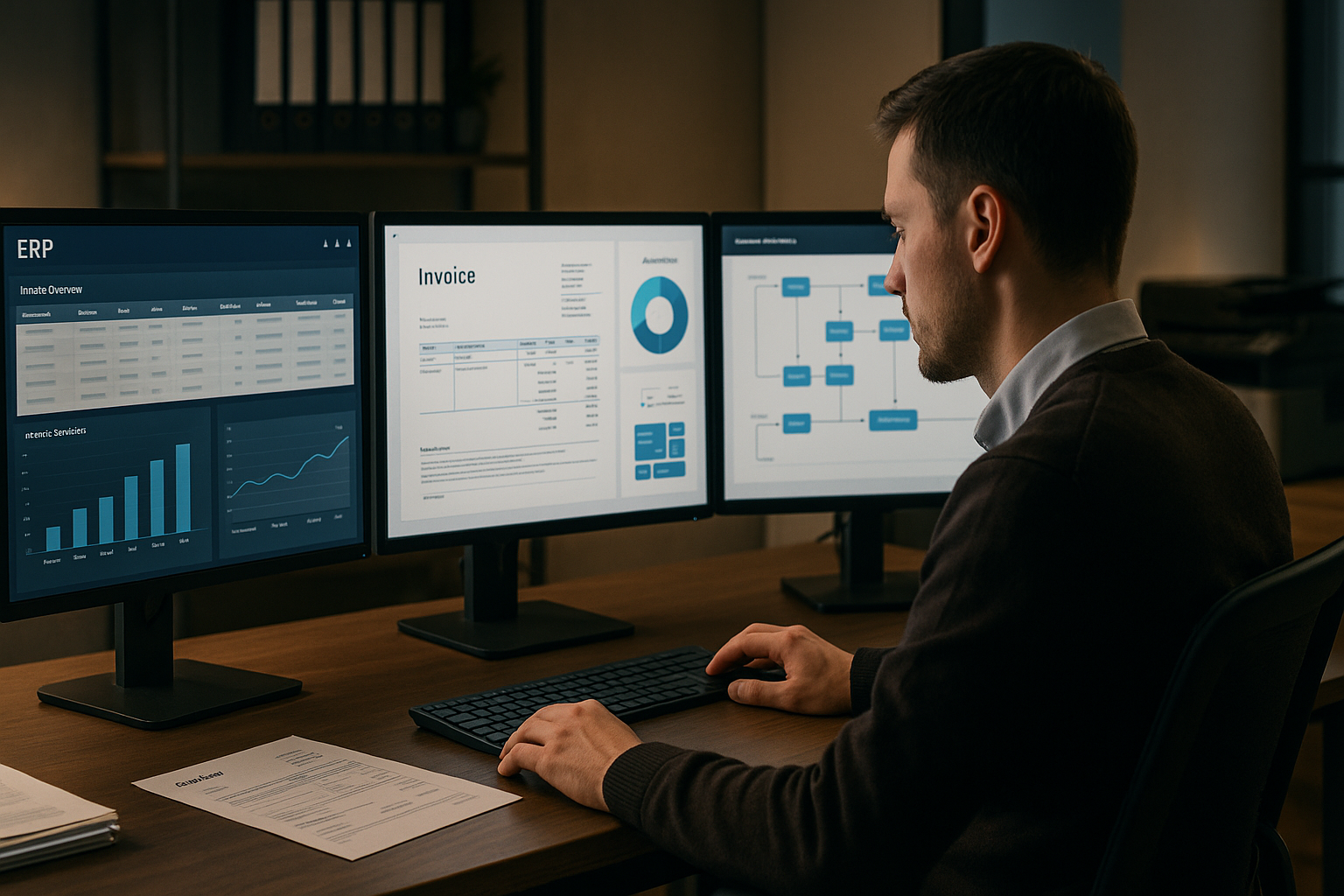 Moderner Büroarbeitsplatz mit mehreren Monitoren, auf denen ein ERP-Dashboard mit Rechnungsdaten, Prozessflüssen und Automatisierungsstatistiken angezeigt wird