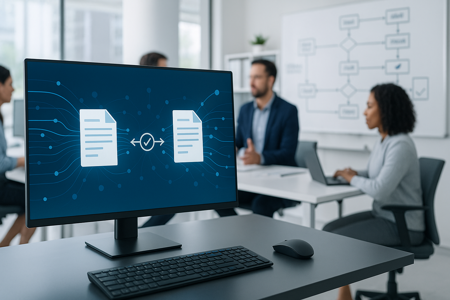 Professionelle Büroumgebung mit Finance- und IT-Teams bei der Zusammenarbeit an digitaler Transformation mit strukturiertem Dokumentenaustausch und Netzwerkverbindungen